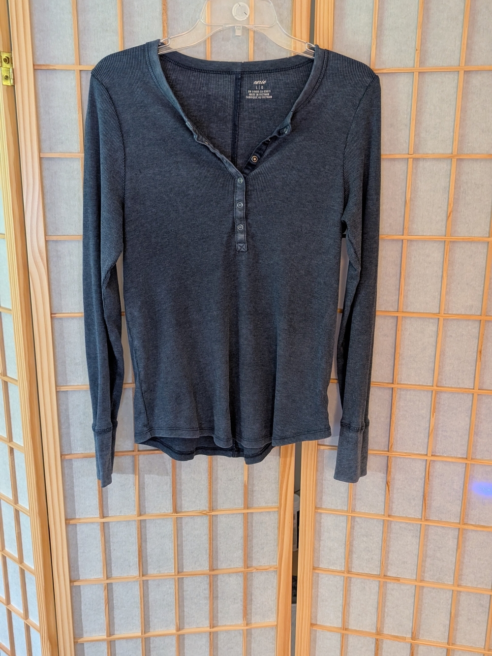 Aerie Long-Sleeve Ribbed Henley Dusty Blue Large